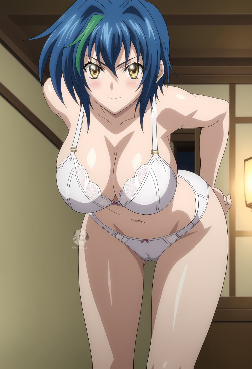 1girls ai_generated arisato_yu belly belly_button bent_over blue_hair blush blushing booty breasts cameltoe cleavage female female_only green_highlights high_school_dxd indoors large_breasts light-skinned_female lingerie looking_at_viewer multicolored_hair underwear white_lingerie white_panties xenovia_quarta yellow_eyes