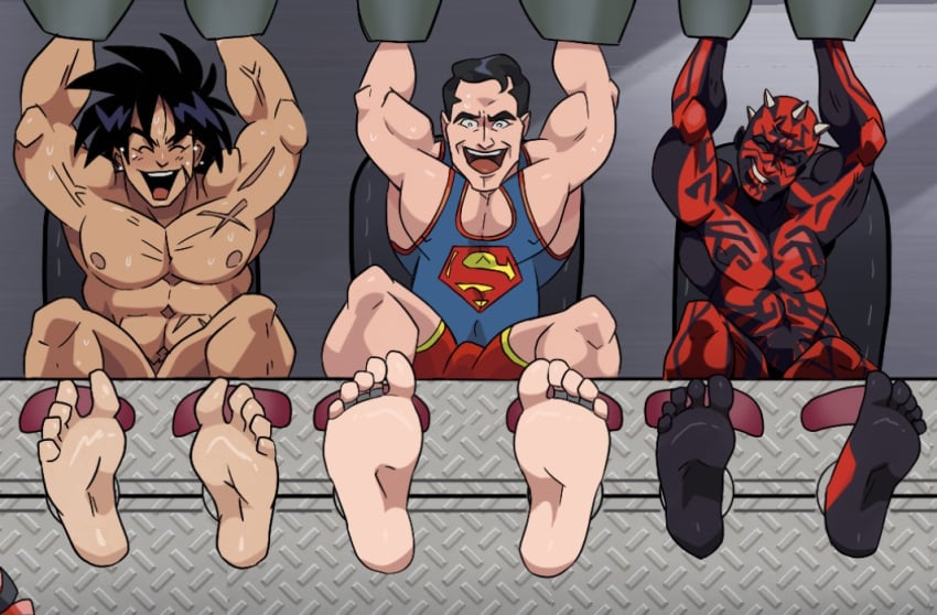 3boys alternate_version_available blush bondage broly broly_(dragon_ball_super) clark_kent crossover darth_maul dc dc_comics dragon_ball dragon_ball_super foot_fetish foot_focus laughing male male_feet male_only male_tickling multiple_boys no_visible_genitalia oil pmarshyy resisting resisting_pleasure star_wars superman sweat tickle_torture tickling toes_tied veins