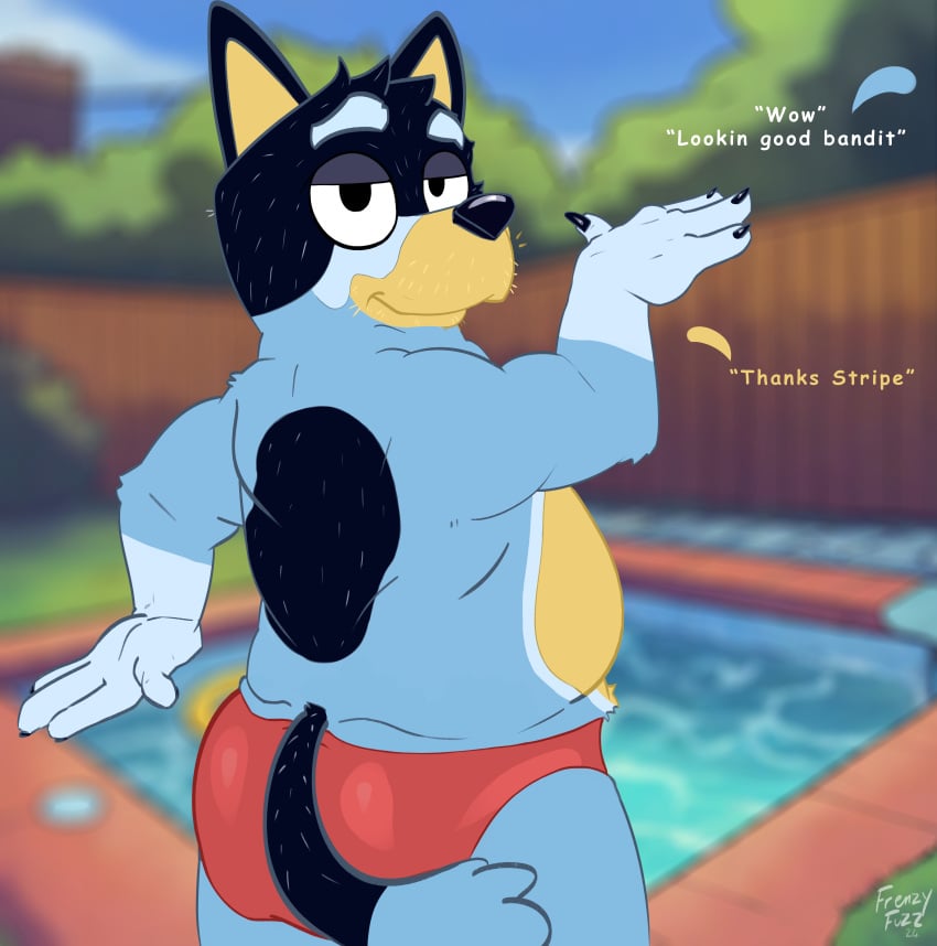 bandit bandit_(bluey) bandit_heeler blue_hair bluey_(series) brothers canine dog_ears doggo:3 frenzy_fuzz incest red_swimsuit sfw stripe stripe_(bluey) stripe_heeler swimsuit tagme