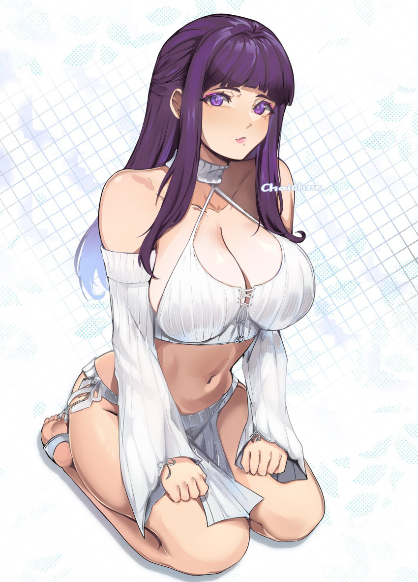 1girls absurd_res booty breasts chaichne female female_only fern_(sousou_no_frieren) hi_res large_breasts looking_at_viewer massive_breasts purple_eyes purple_hair solo sousou_no_frieren thighs wide_hips