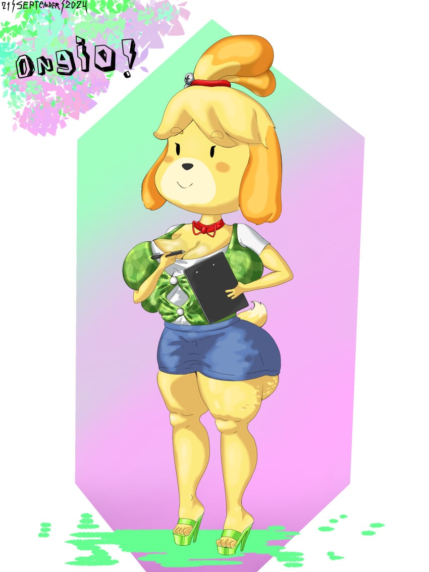 abstract_background animal_crossing big_breasts big_butt cellulite cleavage cute fat_ass female fur furry furry_female furry_only high_heels isabelle_(animal_crossing) miniskirt ongio platform_heels shortstack skirt smiling solo tight_clothes tight_clothing tight_dress