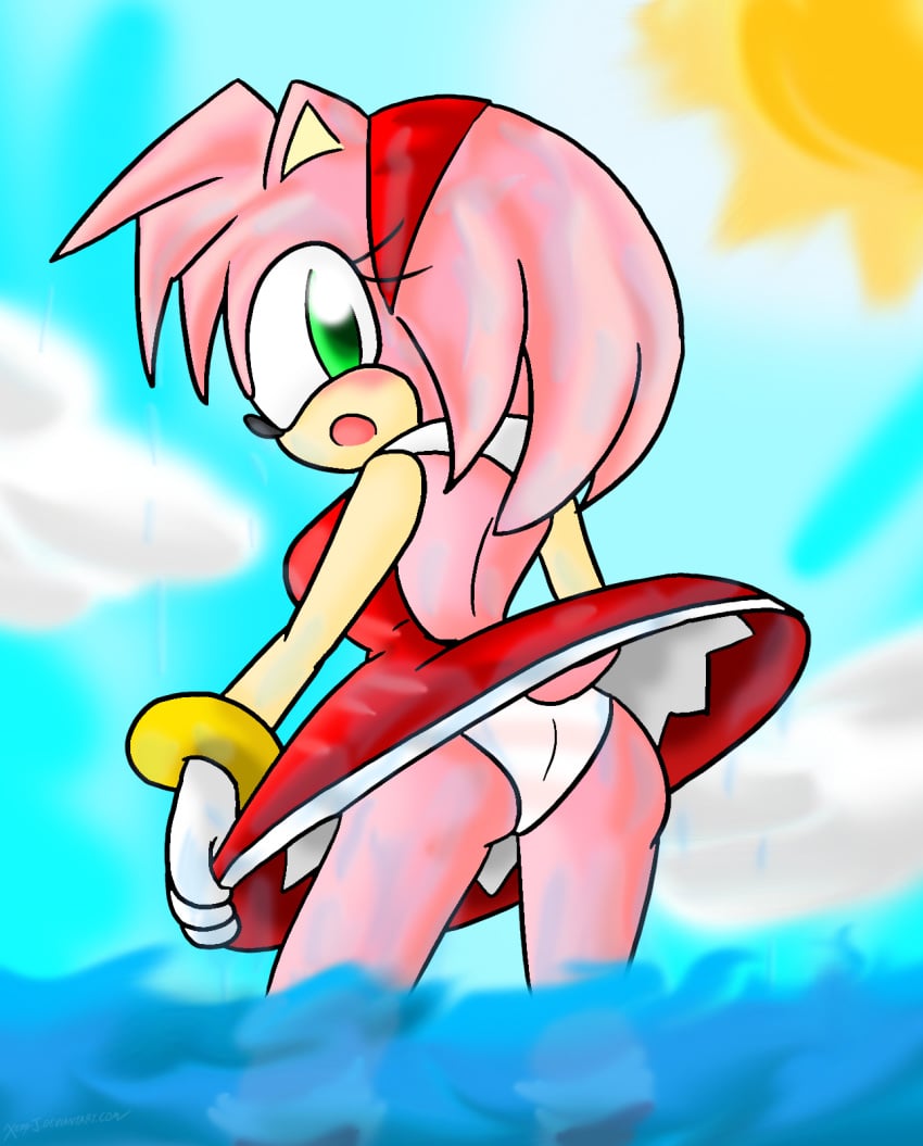 1girls amy_rose anthro ass dress female gloves green_eyes hairband hedgehog looking_back panties pink_hair sega solo sonic_(series) upskirt water white_panties xero-j