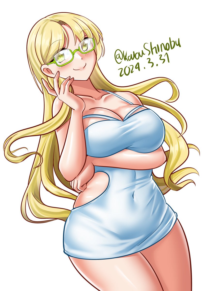 absurdres alternate_costume blonde_hair breasts cleavage covered_navel dated dress female female_only glasses green-framed_eyewear highres kantai_collection katou_shinobu large_breasts long_hair northampton_(kantai_collection) one-hour_drawing_challenge simple_background solo solo_female twitter_username white_background white_dress yellow_eyes