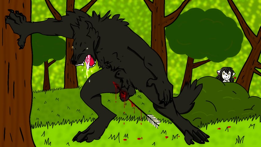 :3 anthro arrow ballbusting black_body black_fur black_hair blood blood_drip blood_trail bush castration cbt cock_and_ball_torture cry crying edit edited_image female forest furry grass hiding hunting larger_male male male/female sadida sadism sadistic_girl saliva shot simple_background simple_shading smaller_female smiling torture tree trees vomit vomiting white_body white_fur wolf wood yellow_eyes