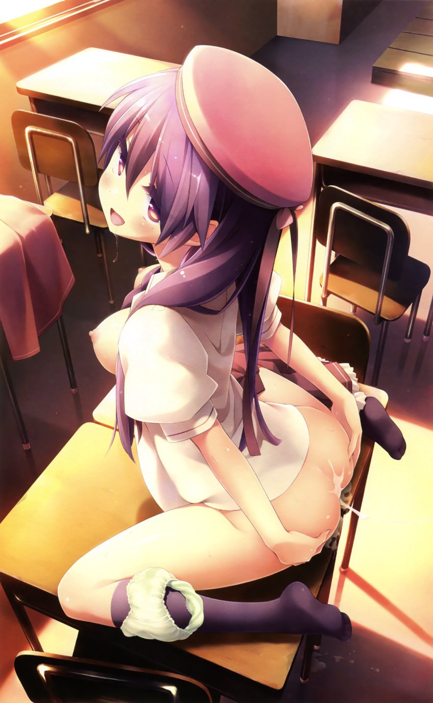 after_sex ass ass_grab blush breasts cafe_sourire classroom cuffs cum cum_on_ass female hat long_hair mole nipples open_clothes open_mouth open_shirt panties panties_around_leg purple_hair saliva socks solo spread_ass spread_legs tongue yukishita_miyuri