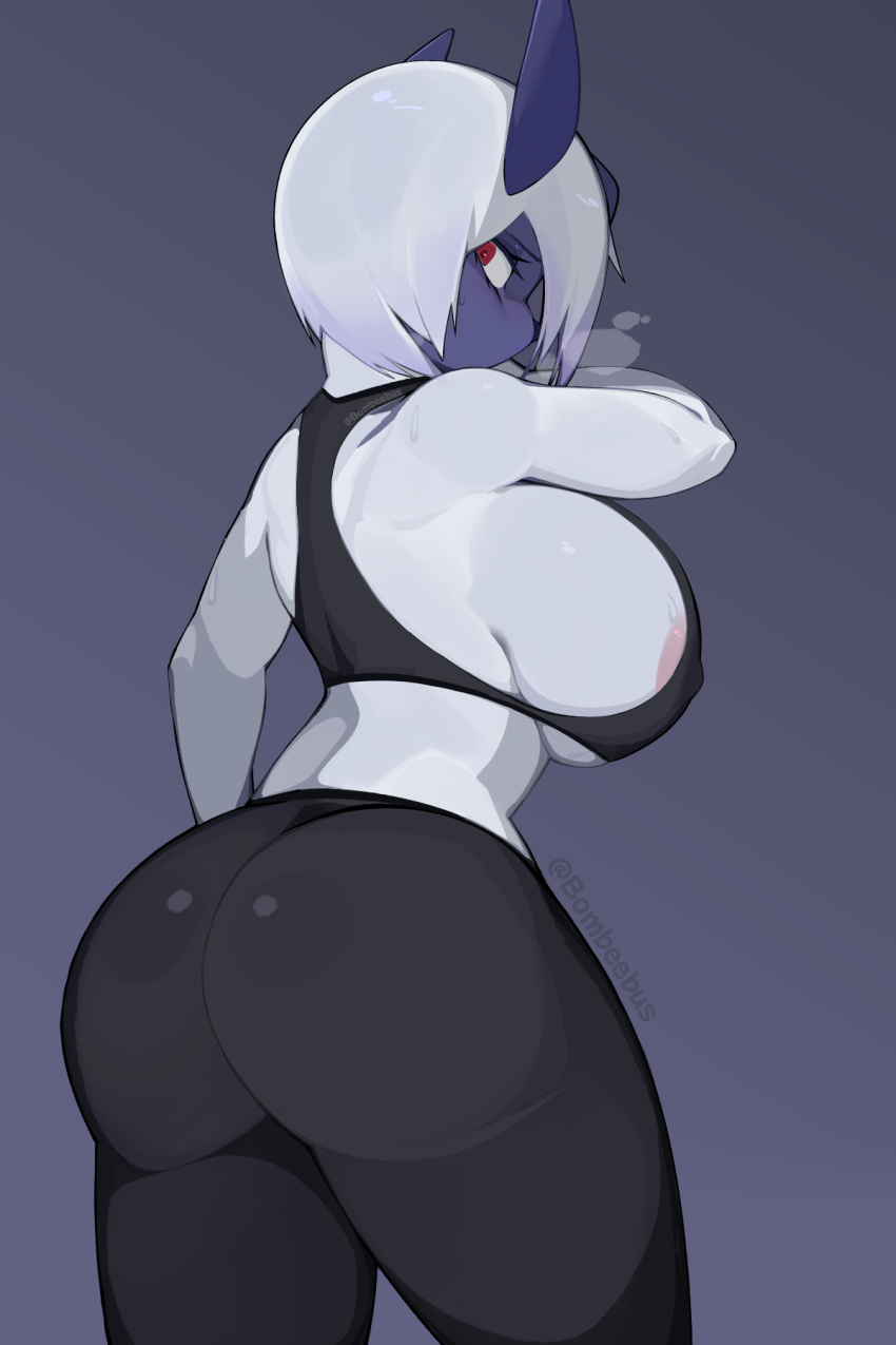 absol anthro ass big_breasts big_butt biped blue_body blue_fur bombeebus breasts clothed clothing female fur generation_3_pokemon hair hi_res looking_at_viewer looking_back mammal nintendo nipples pokemon pokemon_(species) rear_view red_eyes simple_background solo white_body white_fur