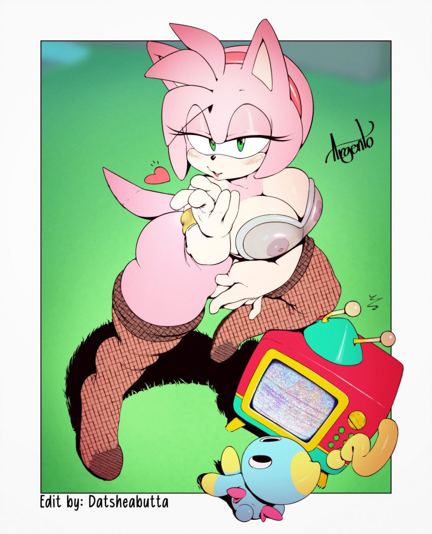 alternate_breast_size amy_rose amy_the_bat argento armwear ass big_ass big_breasts blowing_kiss breasts chao_(sonic) cleavage clothing datsheabutta edit electronics female heart hedgehog hedgehog_girl legwear lingerie looking_at_viewer nipples nipples_visible_through_clothing pinup sega sonic_(series) stockings television thick_thighs thighs translucent_clothing