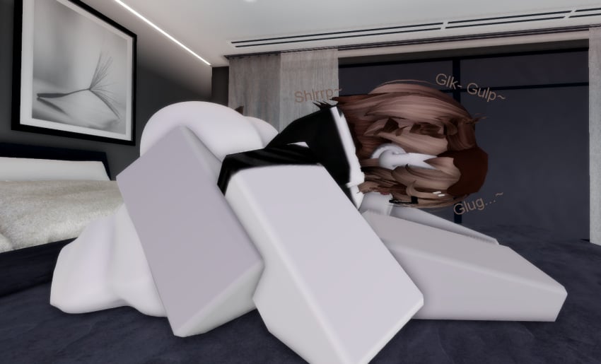 3d 69 69_position anonymous_male ass bed bedroom big_ass big_breasts blowjob breasts brown_hair deepthroat dog_ears dog_tail doggirl fellatio furry glasses partially_clothed partially_clothed_female roblox roblox_avatar robloxian text thighs white_skin