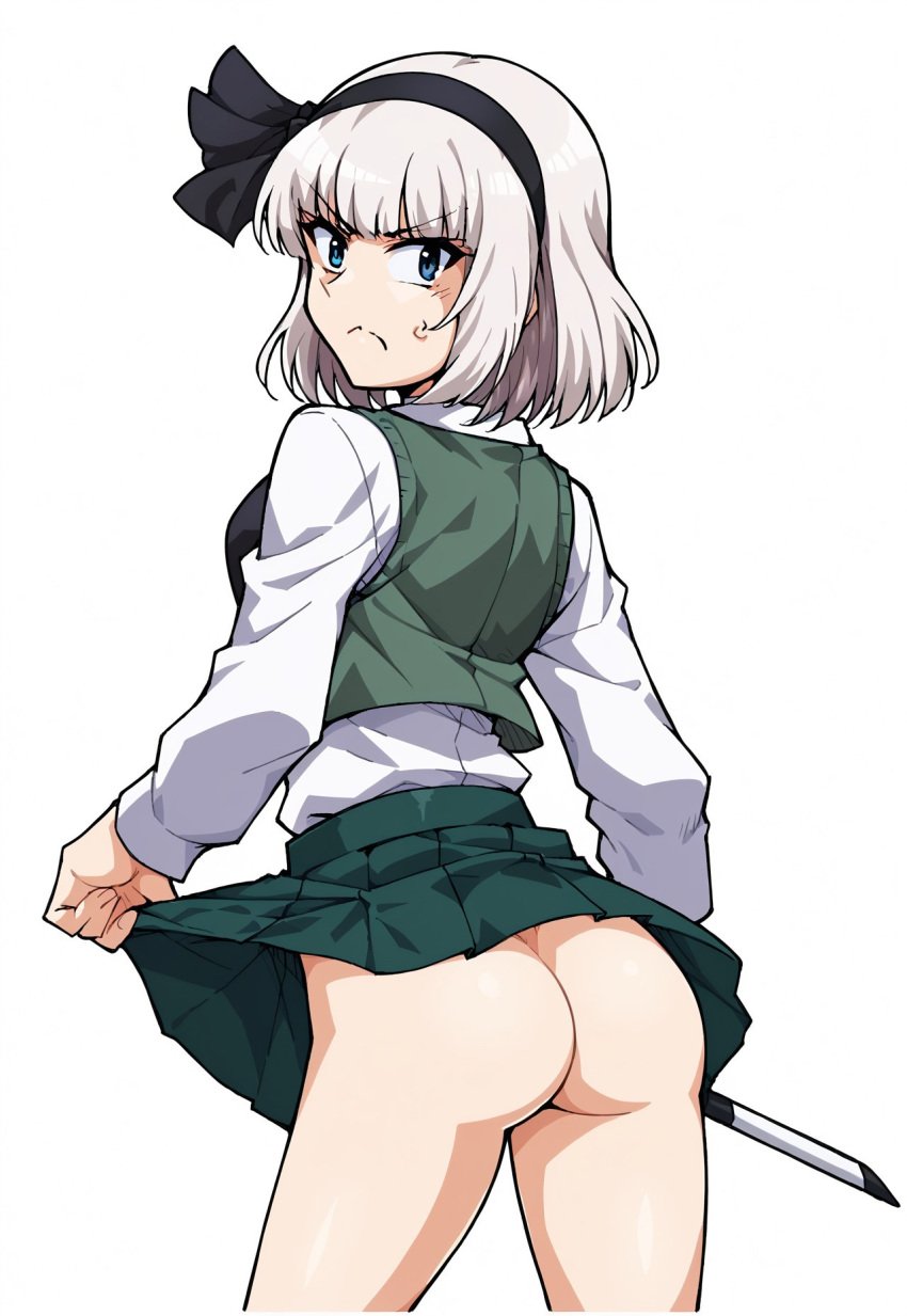 1girls ai_generated blouse blue_eyes bob_cut booty cocked_hip cute_ass flat_ass frown green_clothing jacket konpaku_youmu looking_at_viewer looking_back no_panties raised_skirt skirt small_ass touhou white_background white_hair youmu_konpaku zfivefan