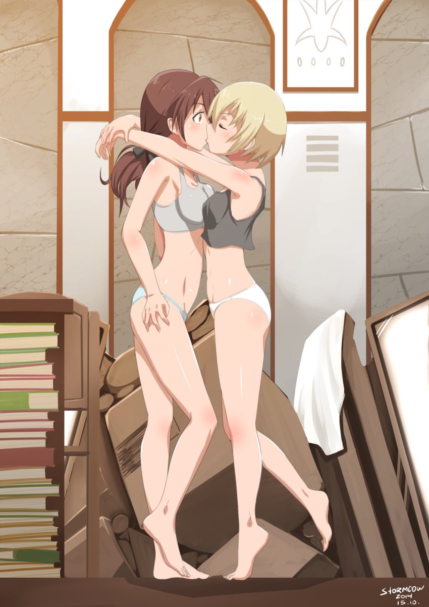 2014 2girls arm arms arms_around_neck art bare_legs barefoot blonde_hair book bookshelf bra breast_press breasts breasts_to_breasts brown_hair closed_eyes clothing ekalos embrace erica_hartmann feet female gertrud_barkhorn hug kissing legs long_hair midriff multiple_girls panties ponytail short_hair small_breasts sports_bra standing strike_witches surprised symmetrical_docking tank_top tied_hair twintails underwear yuri