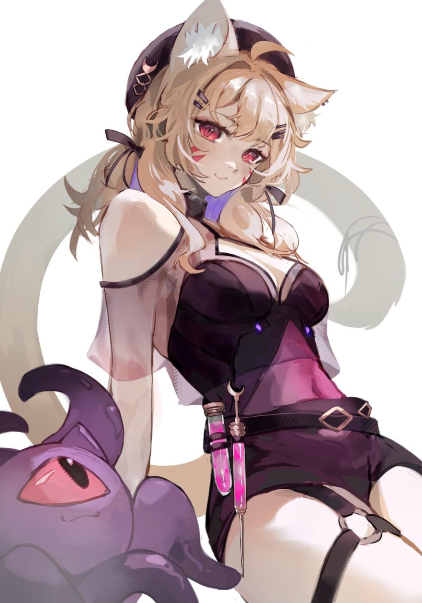 1girl ahoge animal_ears bangs bare_shoulders belt black_headwear black_skirt blonde_hair breasts cat_ears cat_tail catgirl choker cleavage cowboy_shot face_markings facial_mark female garter_straps hair_ornament hairclip hat long_hair looking_at_viewer medium_breasts navel red_eyes scar skirt smile solo solo_female solo_focus squchan_(vtuber) standing striped syringe tail twintails virtual_youtuber vyugen white_background x_hair_ornament