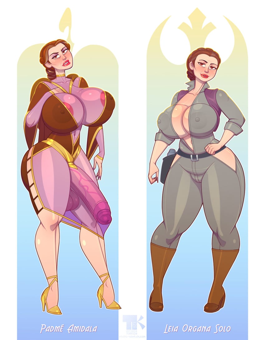 big_balls boots braided_hair brown_hair eyeshadow female futanari general_organa high_heels huge_ass huge_breasts huge_cock huge_hips long_fingernails older_female padme_amidala princess_leia_organa red_eyes red_lipstick revealing_clothes star_wars tagme turk128 veiny_penis