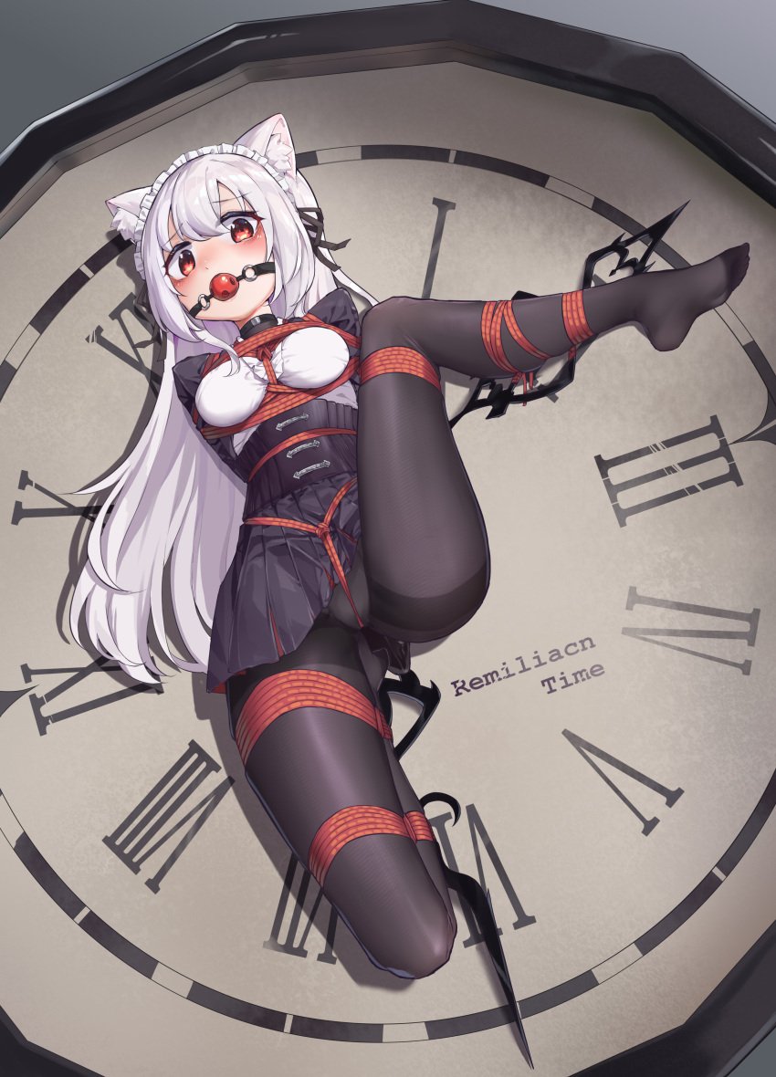 absurdres analog_clock animal ball_gag black_pantyhose bondage bound breasts clock corset crotch_rope dress female female_only femsub fully_clothed gag highres long_hair medium_breasts original pantyhose pleated_skirt red_eyes restrained rope shibari_over_clothes skirt white_hair xiongmao