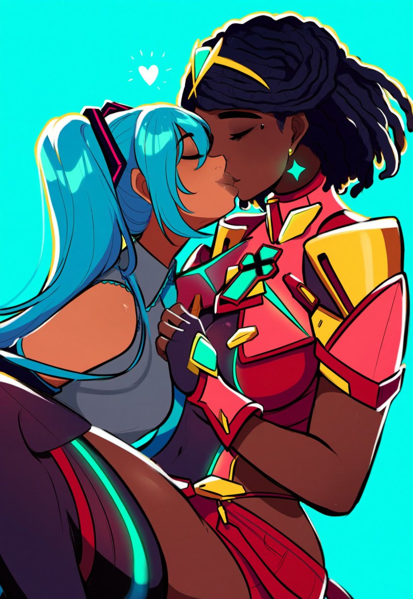 2girls ai_generated alternate_hairstyle alternate_skin_color blue_hair curly_hair dark-skinned_female dreadlocks female female_only hair_ornament hatsune_miku kissing pyra_(xenoblade)_(cosplay) race_swap red_hair red_shorts robofun sleeveless smile thick_lips thighhighs tiara twintails very_dark_skin xenoblade_chronicles_2 yuri