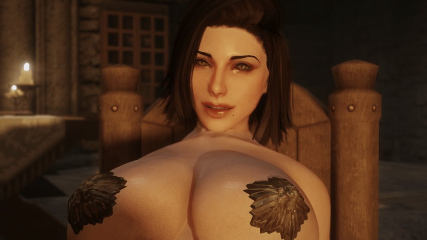 1female 1girls breasts female female_focus female_only game_screenshot modded naked naked_female nude nude_female serana skyrim smile the_elder_scrolls vampire_girl