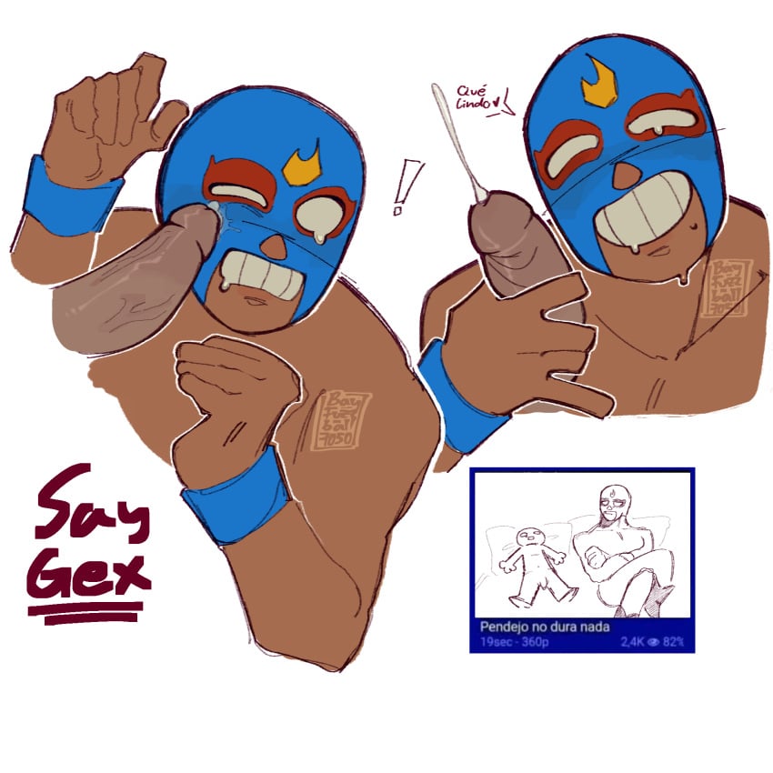 ! bayfuzzball7050 brawl_stars buff_male cum cumming dark-skinned_male dark_skin disembodied_penis ejaculation el_primo_(brawl_stars) erection gay gay_sex half-closed_eyes handjob hi_res human looking_at_viewer luchador luchador_mask male male_only mask masked masked_male masturbating_other masturbation meme mexican mexican_male muscular_male orgasm pendejo penis penis_on_face precum say_gex simple_background smaller_male smile smiling smiling_at_partner smiling_at_viewer spanish_text supercell sweat sweatdrop tan_skin teeth text white_background y/n