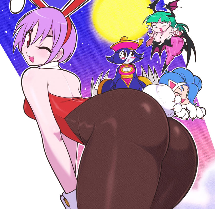 4girls ass big_ass big_breasts blue_hair breasts bunny_ears bunny_girl bunny_tail bunnysuit darkstalkers felicia_(darkstalkers) female female_only green_hair head_wings hi_res highres hsien_ko jeffmiga large_ass large_breasts lei-lei lei_lei lilith_aensland morrigan_aensland multiple_girls purple_hair small_breasts succubi succubus succubus_wings wings