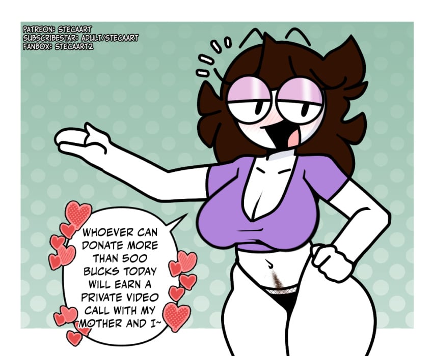 accurate_art_style black_clothes black_eyes black_panties black_underwear blush breasts brown_hair cleavage clothing crop_top english_language english_text eyewear female female_pubic_hair glasses hand_on_hip heart jaiden jaiden_(jaiden_animations) jaiden_animations jaidenanimations large_breasts long_hair looking_at_viewer navel no_pants open_mouth pantsu pubic_hair purple_shirt shirt smile solo steca text thelazyart thick_legs thick_thighs thighs thong underwear wide_hips youtube youtuber