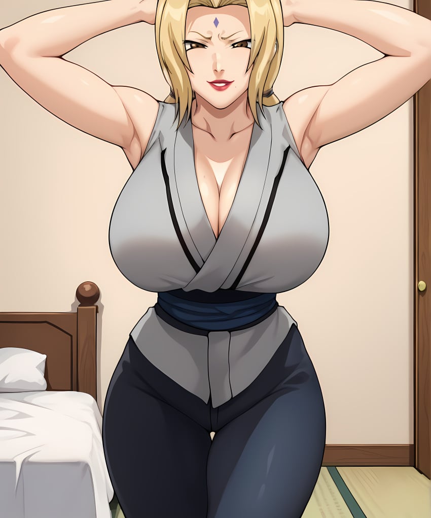 ai_generated armpits big_ass big_breasts big_butt big_thighs blonde_hair blue_belt blue_pants blue_sash braided_hair brown_eyes cleavage colored_nails curvy curvy_figure female female_focus female_only forehead_jewel forehead_mark grey_kimono japanese_clothes large_breasts light-skinned_female light_skin lipstick long_hair makeup mature mature_female nail_polish naruto naruto_(classic) naruto_(series) naruto_shippuden no_bra pale-skinned_female pale_skin pants red_fingernails red_lipstick red_nails retair18 sash solo tsunade wide_hips