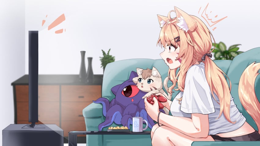 1girl ahoge animal animal_ear_fluff animal_ears bangs blonde_hair blush breasts cat cat_ears cat_tail catgirl face_markings fang female fox_ears fox_girl fox_tail hair_ornament hairclip holding indoors long_hair low_twintails open_mouth plant playing_games potted_plant red_eyes shirt short_sleeves shorts sitting smile squchan_(vtuber) t-shirt tail twintails very_long_hair virtual_youtuber vyugen white_shirt