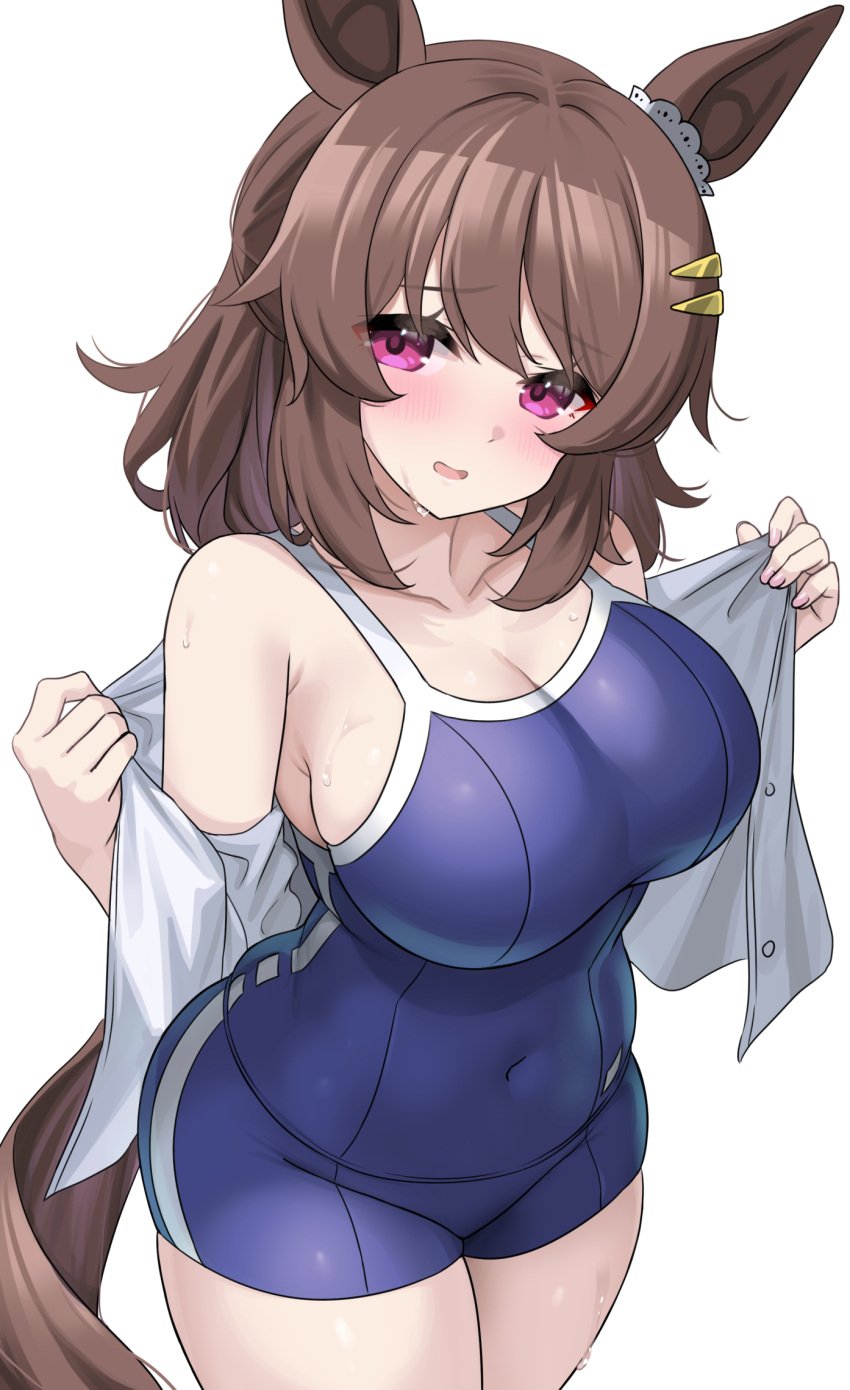 animal_ears bare_shoulders blue_one-piece_swimsuit blush breasts brown_hair cleavage covered_navel cowboy_shot ear_ornament female highres horse_ears horse_girl horse_tail kibihimi large_breasts light_hello_(umamusume) looking_at_viewer one-piece_swimsuit open_clothes open_mouth open_shirt pink_eyes shirt short_hair simple_background solo swimsuit tail thighs tracen_swimsuit umamusume white_background white_shirt