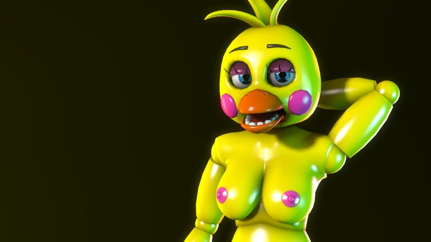 3d 4k arm_up bedroom_eyes blue_eyes bust bust_portrait disboi215 five_nights_at_freddy's five_nights_at_freddy's_2 hand_behind_head highres looking_at_viewer pink_nipples pinup sfm source_filmmaker toy_chica_(fnaf) yellow_body