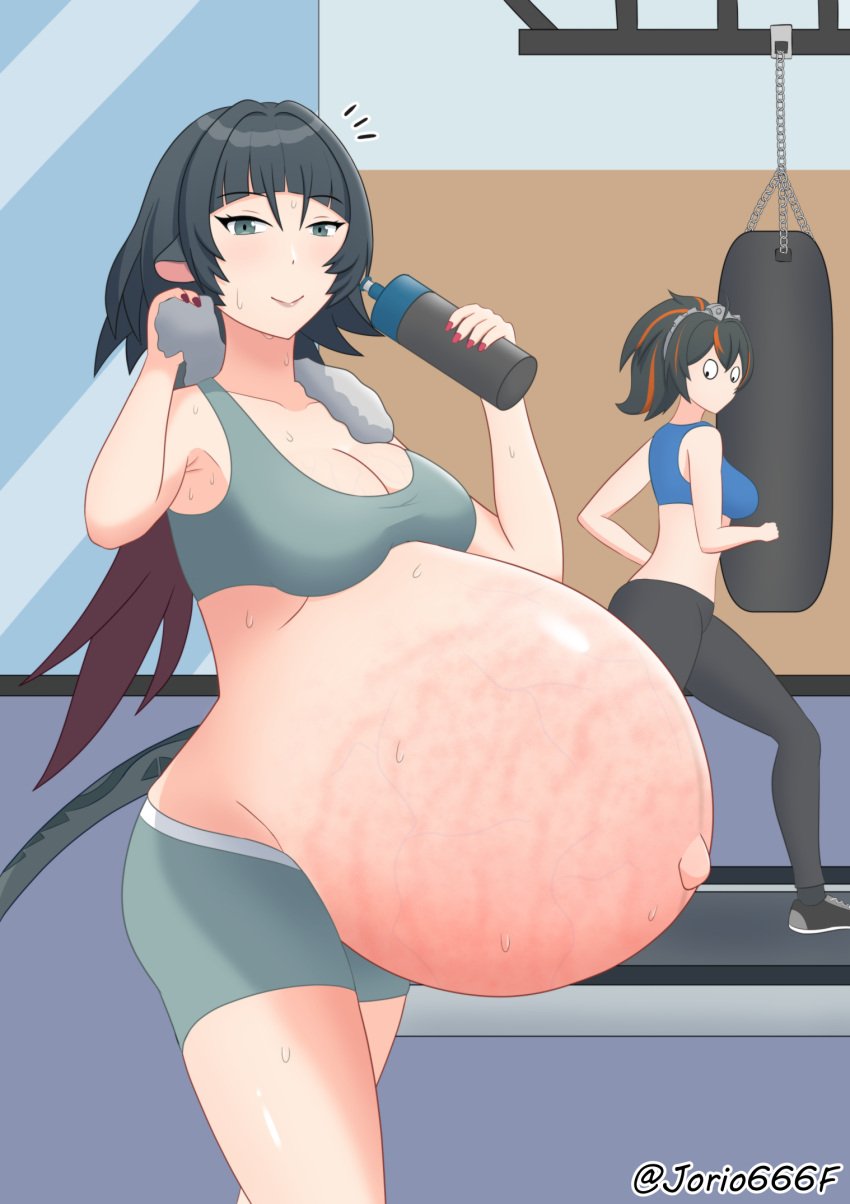 enormous_belly exposed_pregnant_belly hyper_pregnancy jane_doe_(zenless_zone_zero) jorio666f kemonomimi new_eridu_public_security outie_navel pregnant pregnant_belly pregnant_with_multiples rat_ears rat_tail sports_bra sports_shorts sportswear stretch_marks zenless_zone_zero zhu_yuan