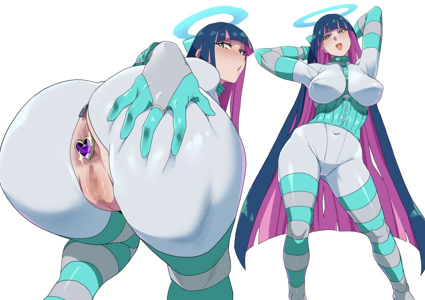 1girls anal anal_object_insertion anus arms_behind_head ass ass_focus bangs big_ass blue_hair blunt_bangs blush bodysuit breasts butt_plug buttplug censored clothing collar colored_inner_hair dat_ass female female footwear green_eyes halo hime_cut huge_ass large_breasts legwear light_skin long_hair looking_at_viewer looking_back minakami multicolored_hair naughty_face object_insertion open_mouth panty_&_stocking_with_garterbelt pink_hair purple_hair pussy sex_toy simple_background skin_tight smile solo spread_anus stocking_(psg) stocking_anarchy striped striped_legwear thick_thighs thighhighs thighs torn_clothes two-tone_hair vagina very_long_hair white_background