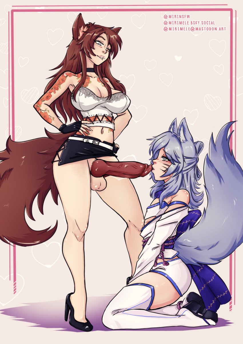 1boy 1futa animal_ears animal_genitalia_on_humanoid balls big_breasts big_penis bottomless brown_hair canine_penis canine_penis_on_humanoid clothed clothing dickgirl femboy futa_on_male futanari heels humanoid kemonomimi kneeling knot knotted_penis kuromaru_(original_character) light-skinned_futanari light-skinned_male light_skin long_hair male mirinsfw partially_clothed penis qathrin_tia standing tagme wolf_girl