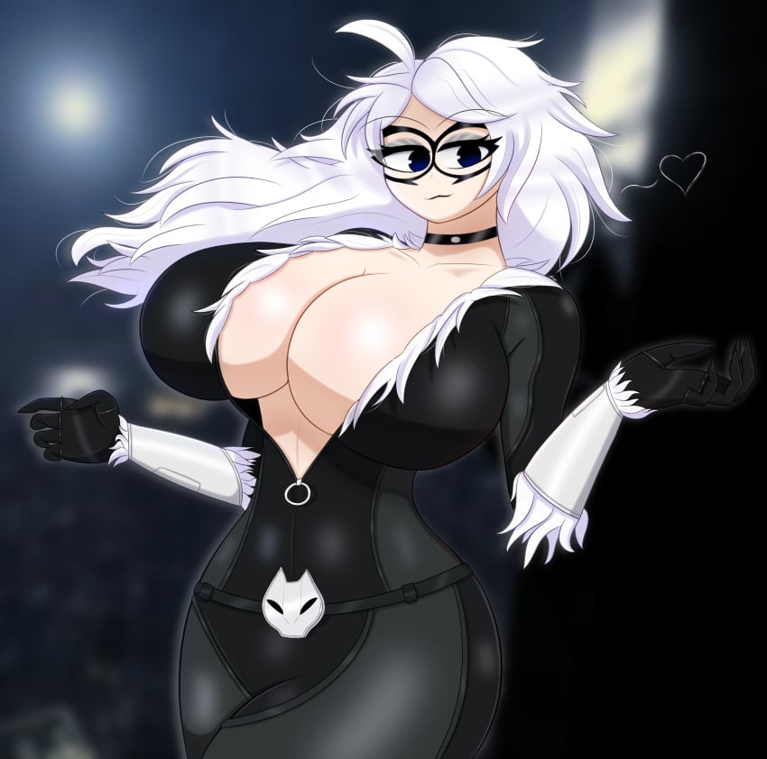 4k :3 belt big_breasts black_cat_(marvel) black_lipstick blue_eyes blurry_background breasts breasts_bigger_than_head catgirl choker cleavage cleavage_cutout dynamic_pose epic_games face_mask flirty fortnite fur gothtrishy heart hi_res highres huge_breasts lipstick long_hair looking_at_viewer marvel messy_hair open_jacket spider-man_(series) thick_thighs thighs tight_clothing tight_fit white_hair zipper_down