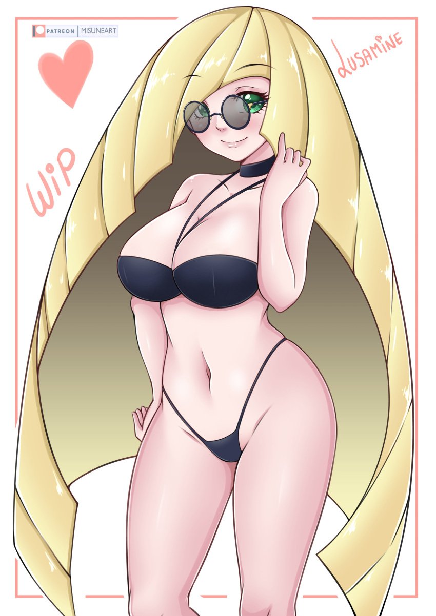 1girls big_breasts bikini blonde_hair blush breasts female glasses green_eyes heart heart_symbol large_breasts lusamine_(pokemon) misune_art navel nintendo patreon pokemon pokemon_sm solo solo_female tagme thighs work_in_progress