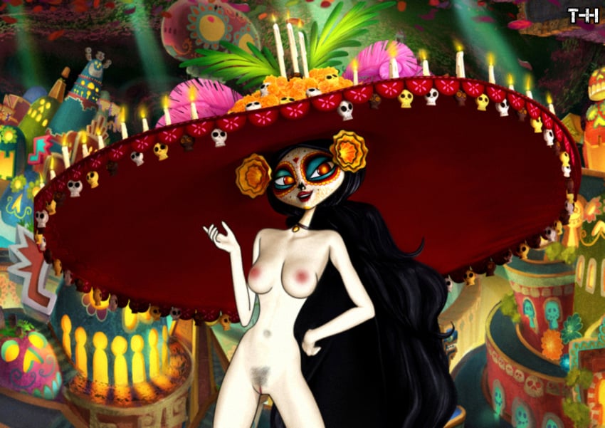 1girls breasts brown_eyes brown_hair burning_candles candles collar dia_de_los_muertos feathers female fingering flower hair_flower la_muerte long_hair makeup necklace nipples nude orange_eyes pubic_hair pussy skeleton skull sombrero tagme th-gimpnoob the_book_of_life very_long_hair white_candles