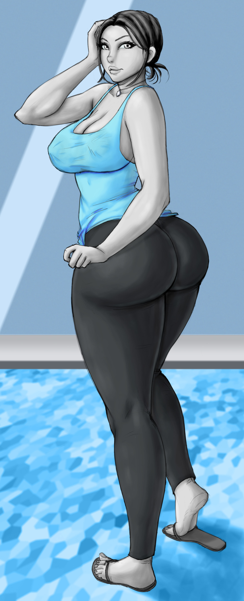 1girls ass black_hair breasts bubble_ass cleavage colored curvy dat_ass feet female female_only highres large_ass large_breasts legoman milf nintendo pale_skin sandals short_hair solo soubriquetrouge standing tank_top tight_clothes wii_fit wii_fit_trainer yoga_pants