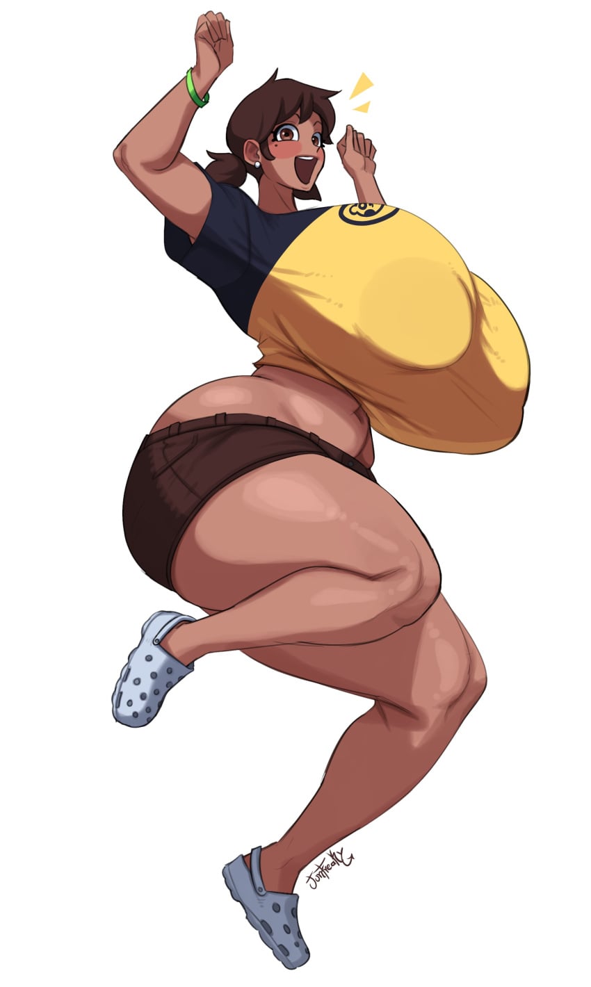 :d big_ass big_breasts bracelet brown_eyes brown_hair brown_skin crocs happy hyper hyper_ass hyper_breasts hyper_thighs jumping junfreaky original_character shirt shorts smile tan_skin thick_thighs twintails wide_hips wide_thighs