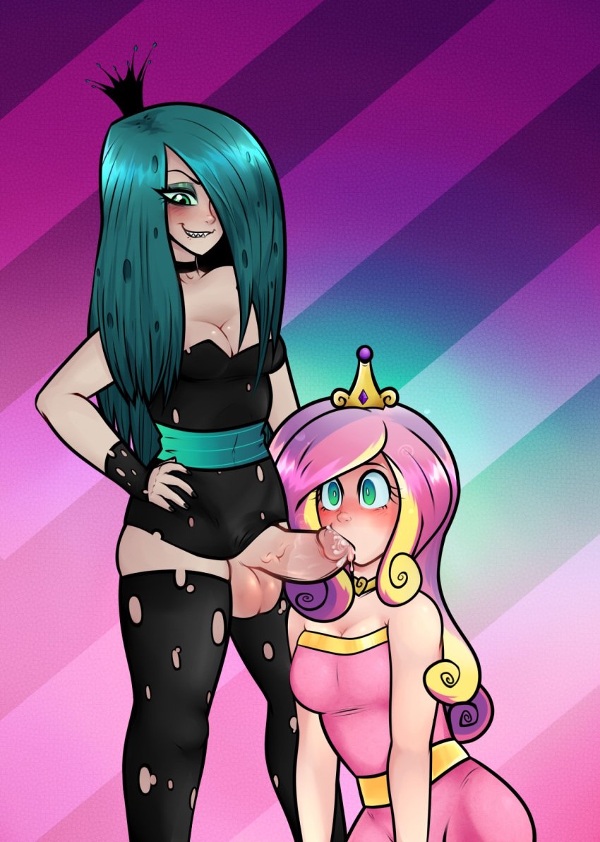 1futa 2girls black_dress black_legwear blush choker crown cum cum_in_mouth dress eyeshadow fangs fellatio friendship_is_magic futa_on_female futanari goth goth_futa green_eyes green_hair green_sclera hair hair_over_one_eye human human_only humanized hypnosis intersex makeup mind_control multicolored_hair multiple_girls my_little_pony navel oral penis penis_under_clothes personification pink_dress pizzaday princess_cadance_(mlp) queen_chrysalis_(mlp) sharp_teeth smile smooth_skin striped striped_background testicles thighhighs torn_clothes torn_dress torn_thighhighs