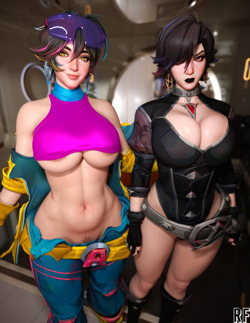 2girls 3d big_breasts dual_persona huge_breasts jubilation_lee jubilee jubilee_(marvel_rivals) looking_at_viewer marvel marvel_comics marvel_rivals pubic_hair_peek rude_frog thick_thighs vampire_jubilee x-men