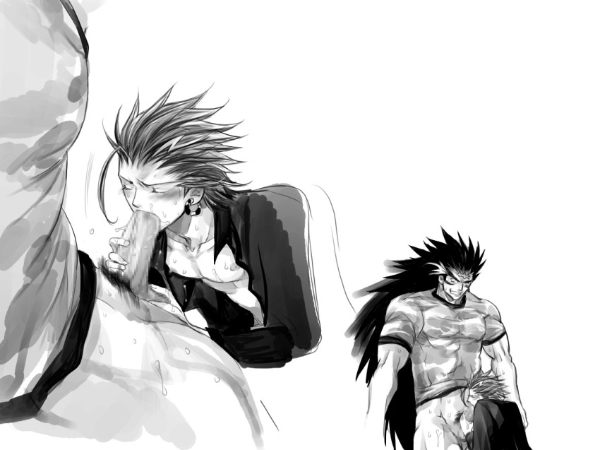 2boys blush bottomless closed_eyes erection eyeshield_21 fellatio gaou_rikiya gay harikonotora huge_cock male male_only marco_reiji monochrome multiple_boys multiple_males nipples open_clothes open_shirt oral penis saliva set size_difference standing sweat yaoi