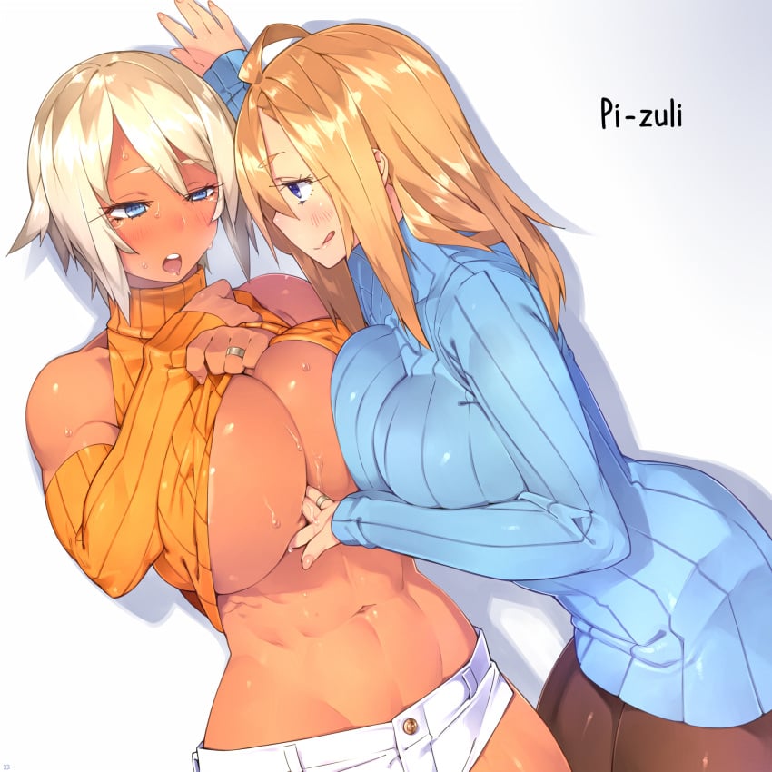 2girls abs blonde_hair blue_eyes blush breasts brown_hair cleavage dark-skinned_female dark_skin drooling female hair large_breasts muscular_female navel open_mouth original sela_(sela_god) sela_god short_hair shorts smile sweat sweatdrop sweater turtleneck underboob underboob_sweater ursula_(sela_god) yuri