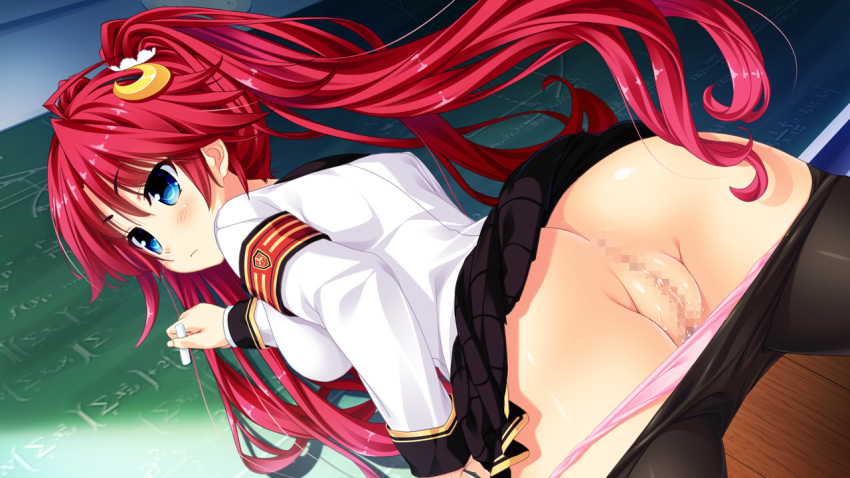 anus ass backboob blue_eyes blush breasts censored chalkboard demon_busters demon_busters:_ecchi_na_ecchi_na_demon_taiji female from_behind game_cg highres itou_life large_breasts legs long_hair looking_away moonstone_cherry panties panty_pull pantyhose pussy pussy_juice red_hair school_uniform skirt skirt_lift solo standing thighs underwear wet writing