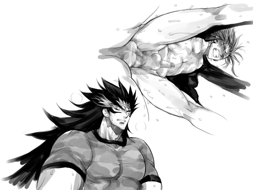 2boys anal ass blush bottomless closed_eyes erection eyeshield_21 from_behind gaou_rikiya gay harikonotora huge_cock large_insertion male male_only marco_reiji monochrome multiple_boys multiple_males open_clothes open_shirt penis set size_difference sweat tears translated yaoi