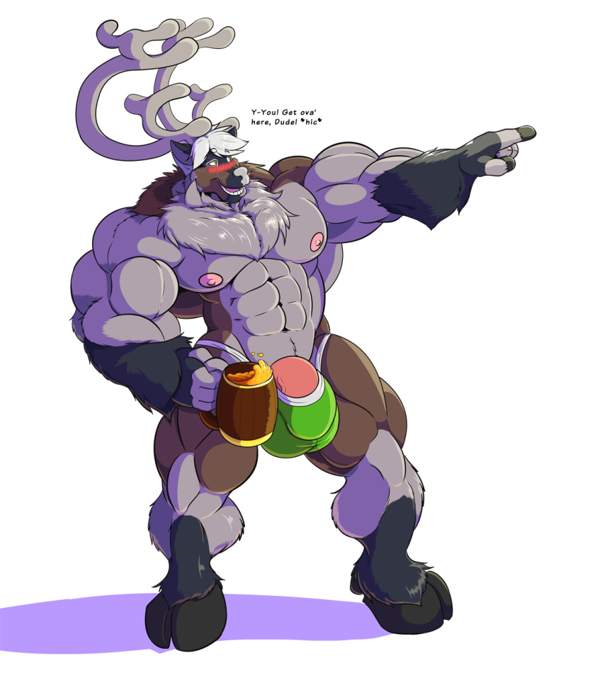 abs alcohol animal_genitalia anthro antlers arm_hair armpits beer belly beverage biceps big_penis blush body_hair bondage bulge cervine chest_hair clothed clothing cup deer dialogue english_text food hair hi_res hooves horn huge_cock humanoid_penis hyper hyper_muscles male male_only mammal manly mature_male muscular muscular_male nipples pecs penis pointing reindeer simple_background siriusdog solo speech_bubble standing text thick_penis thong topless underwear vein veiny_penis white_eyes white_hair