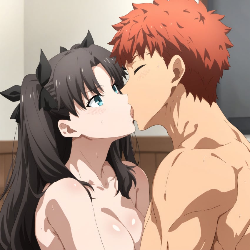 1boy 1girl ai_generated blue_eyes blush breasts dark_hair emiya_shirou fate/stay_night fate_(series) female kissing red_hair romantic_couple smile tofuro tohsaka_rin