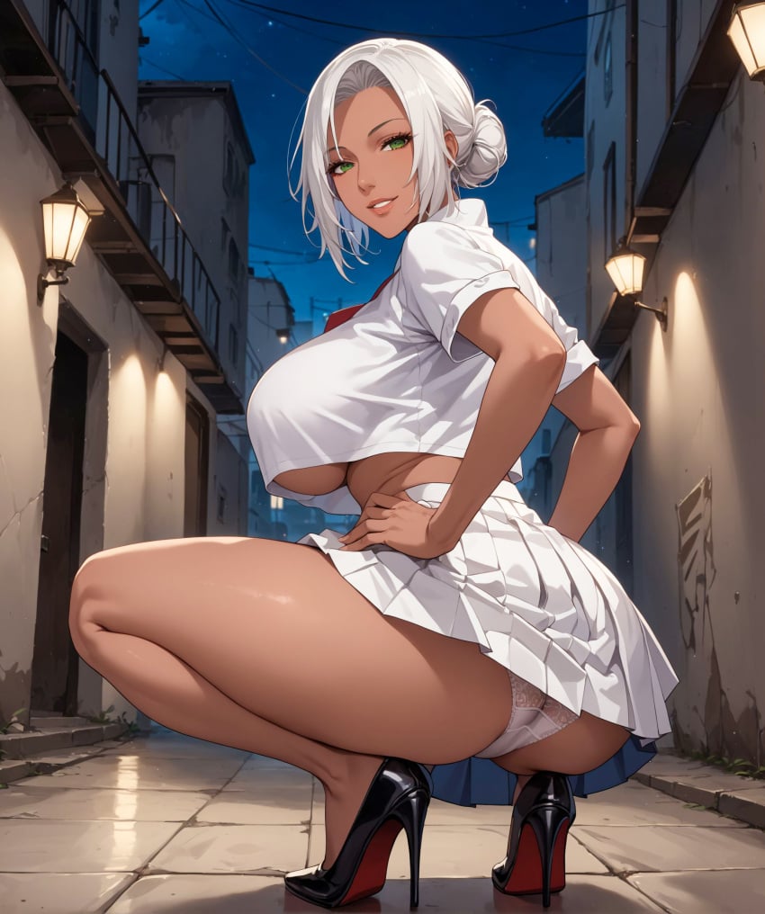 1girls ai_generated alex-schura alley alternate_costume ass ass_focus bare_ass bare_shoulders bare_thighs big_breasts blue_hair blush bubble_ass bubble_butt crop_top curvaceous curvy curvy_body curvy_female curvy_figure dark-skinned_female dark_skin dat_ass full_body g-string green_eyes hair_bun hanging_breasts heels high_heels hourglass_figure huge_breasts large_breasts long_hair looking_at_viewer looking_back looking_back_at_viewer louboutin_(shoes) mabui mature mature_female mature_woman midriff milf miniskirt nai_diffusion naruto naruto_(series) naruto_shippuden no_bra oppai outdoors panties pinup presenting presenting_ass presenting_hindquarters red_bottom_heels revealing_clothes sagging_breasts shirt silver_hair skimpy skimpy_clothes skirt sleeveless sleeveless_shirt solo squatting stable_diffusion stairs thick_ass thick_thighs thighs underass underboob voluptuous