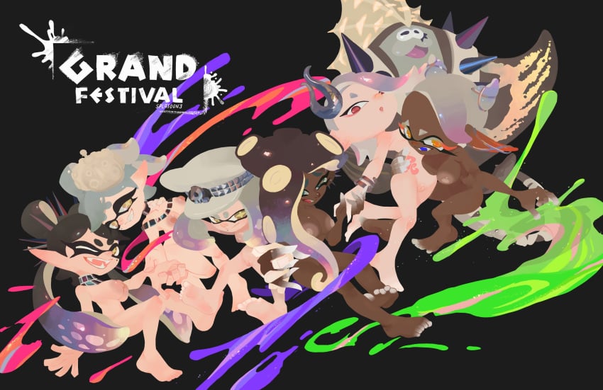 1boy 6+girls 6girls anthro areola big_areola big_man_(grand_festival) big_man_(splatoon) black_background breasts callie_(grand_festival) callie_(splatoon) casual cephalopod cloacal_penis dark_skin edited_official_artwork female fish frye_(grand_festival) frye_(splatoon) genitals grand_festival_(splatfest) group hand_holding hat headgear headwear hi_res humanoid ineffective_clothing ink inkling looking_at_viewer male manta_ray marie_(grand_festival) marie_(splatoon) marina_(grand_festival) marina_(splatoon) marine mollusk nintendo nipples nude nudist octoling pale_skin pearl_(grand_festival) pearl_(splatoon) penis pussy ray_(fish) shiver_(grand_festival) shiver_(splatoon) simple_background splatfest splatoon stingray team_future_(splatfest) team_past_(splatfest) team_present_(splatfest) text vespbee