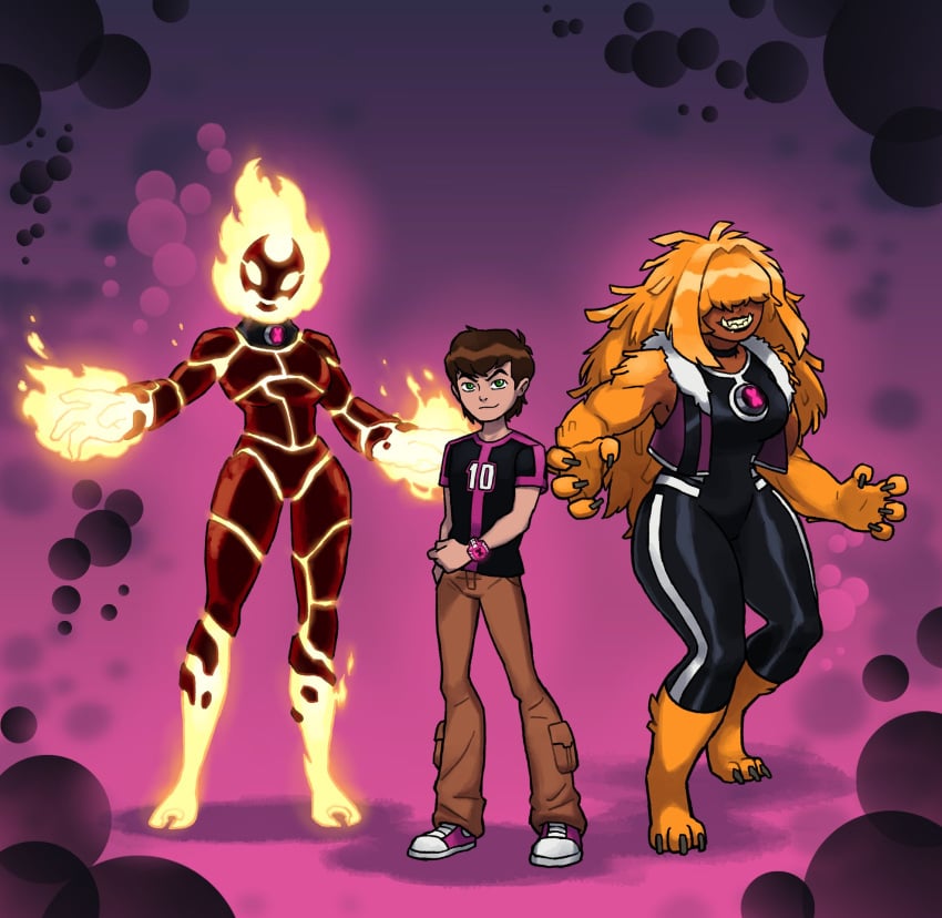 1boy 2girls 2girls1boy alien alien_girl alien_humanoid ben_10 ben_10_omniverse ben_tennyson ben_tennyson_(omniverse) blind chaquetrix elemental_humanoid eltefo23 female fire green_eyes heatblast human male orange_fur orange_hair pyronite vulpimancer wildmutt