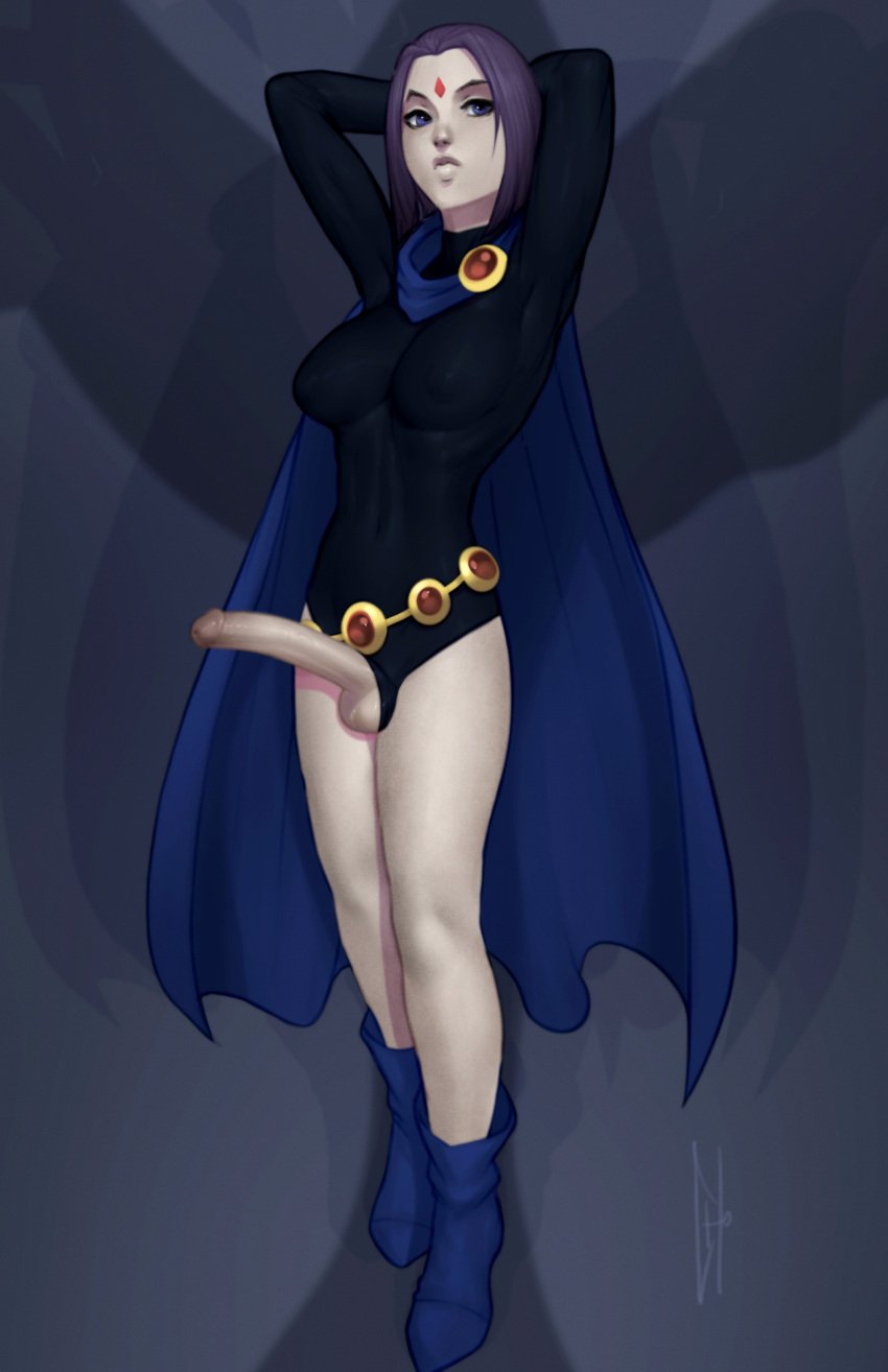 casual clothing dc_comics footwear futa_only futanari human intersex leotard outerwear pale_skin raven_(dc)