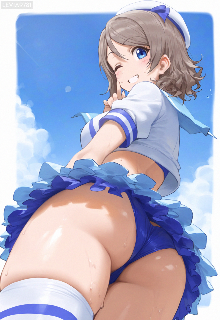 ai_generated ass brown_hair cameltoe female from_behind from_below hat levia9781 love_live! love_live!_sunshine!! outdoors panties short_hair skirt solo thighhighs thighs thong upskirt watanabe_you