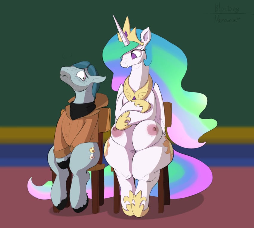 2018 alicorn big_breasts bluedrg19 bodily_fluids breasts chair clothing color colored conditional_dnp crotchboobs cutie_mark duo earth_pony edit equid equine eyelashes female friendship_is_magic furniture hair hasbro horn horse huge_breasts huge_crotchboobs long_hair male mammal mercurial64 multicolored_hair my_little_pony mythological_creature mythological_equine mythology non-human_areolae pony princess_celestia_(mlp) sitting stubble sweat third-party_edit wings