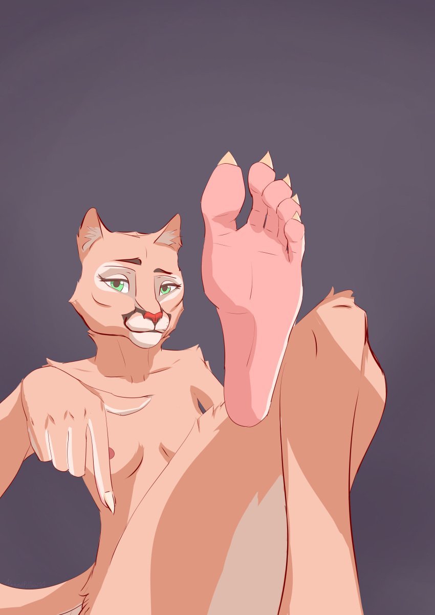 5_toes absurd_res anthro cel_shading cheek_tuft claws command_to_sit convenient_censorship cougar facial_tuft feet felid feline female foot_focus fur gesture green_eyes hand_gesture hi_res humanoid_feet khajiit m'ikhan mammal microsoft nakedpillow nude pink_feet plantigrade pointing pointing_down shaded simple_background simple_shading solo tan_body tan_fur the_elder_scrolls toe_claws toes tuft