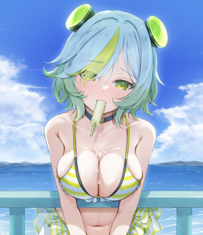 13seisei aqua_hair bikini breasts choker cleavage female fence food food_in_mouth gradient_hair green_eyes green_hair head_tilt highres looking_at_viewer monster_strike morse_alpha_(monster_strike) multicolored_hair navel outdoors popsicle popsicle_in_mouth solo striped_bikini striped_clothes swimsuit swimsuit_skirt